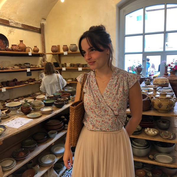 A candid photo of a young Slovenian woman shopping in a quaint local boutique in Bari, Italy. She wears a delicate floral blouse softly tucked into a light beige pleated skirt that flows naturally as she browses. Her hair is loosely tied back with strands framing her face, and she carries a woven leather handbag casually over one shoulder. The boutique features rustic wooden shelves filled with artisanal ceramics and linen textiles, with weathered cream-colored walls and soft Mediterranean daylight filtering through a large window. Her face shows a relaxed, curious expression, with natural skin texture and subtle freckles visible. The composition is spontaneous and slightly off-center, as if caught in a fleeting moment, capturing the warm, intimate, and authentic vibe of an iPhone snapshot inside a charming southern Italian store.