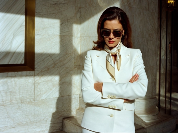 Against the backdrop of a sunlit, polished marble lobby adorned with understated bronze accents, a poised businesswoman stands in contemplative stillness. Her impeccably tailored white wool suit, reminiscent of classic late-70s power dressing, drapes with effortless grace over her silhouette, the fabric’s soft texture subtly catching the subdued, diffused daylight. A delicately knotted Hermès silk scarf rests at her neck, its muted cream and beige tones harmonizing with the calming palette around her. Her dark hair is pulled back with precision, lightly glossed by natural light, and a pair of oversized angular sunglasses perch confidently upon her nose, shielding a gaze that is both inward and assured. The tactile richness of the polished surfaces and fabric weave, captured through a gently wide 35 mm lens, is further enhanced by the tender analog grain, evoking the refined but unpretentious world of affluent corporate elegance."
  "—late-70s / early-80s cinematic photograph, authentic film grain.
