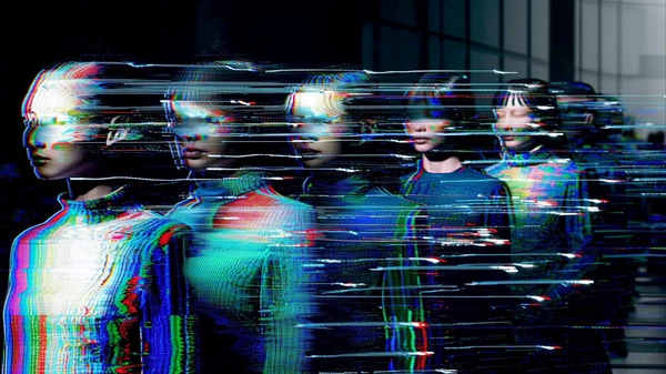 In a dimly lit, futuristic runway setting, a sequence of models is captured mid-stride, their figures fragmented and stretched by flowing digital smear trails trailing behind each form like glitch echoes. Faces remain partially obscured by pixelated horizontal scan-line distortions and intense RGB color separation, causing their identities to flicker between clarity and abstraction. The garments ripple and mutate continuously, switching erratically between fabrics—smooth silks dissolve into coarse denim, then glitch into fractal patterns—rendered as corrupted slideshow textures that warp and shimmer unpredictably. The color palette melds cold neon cyans, magentas, and electric blues against deep shadows, while analog static textures reminiscent of vintage CRT scanlines overlay the composition. Tight cropping focuses on overlapping partial views of faces and bodies, emphasizing disjointed movement and digital alienation. The atmosphere conveys fleeting existence amid technological decay, fusing cyberpunk surrealism with tactile analog imperfections, evoking a haunting narrative of corporeal form disintegrating into transient digital noise.