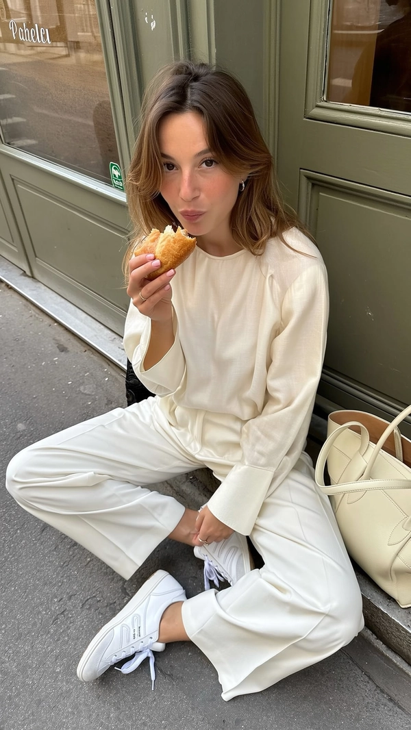 A casually candid iPhone-styled photo of a young woman sitting solo near a textured green café door on a slightly worn Parisian sidewalk. She wears a minimalist, effortlessly refined outfit featuring a soft, loose-fit ivory Jil Sander blouse tucked into high-waisted tapered RECTO trousers paired with clean white New Balance x AURALEE sneakers. At her side rests a gently structured Polène tote bag showcasing supple leather with subtle scuff details visible. She casually holds a flaky pastry in one hand, mid-bite, with natural, understated makeup highlighting her fresh, neutral expression. Her medium-length hair is softly tousled, natural strands catching the soft natural daylight illuminating the scene with gentle shadows and highlights that authentically reveal her skin's natural texture and fabric grain. The composition features a slightly tilted, off-center framing from a subtle overhead angle, capturing the gentle intimacy and spontaneous charm of candid iPhone street photography typical of Parisian daily life.