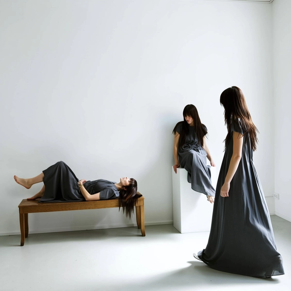 A creatively surreal iPhone snapshot showing a woman with sharp layered bangs duplicated several times, always wearing the same flowing charcoal-gray dress. She appears in multiple natural poses across a minimalist white gallery room — one instance lying casually under a wooden bench, another seated quietly on a pedestal, and a third walking gently into the frame. Soft, natural daylight streams in, casting gentle shadows that reveal realistic skin textures and fabric folds. The white walls starkly emphasize the multiplied figures, blending spontaneous candid capture with surreal scale and perspective contrasts, making it feel like a genuine yet imaginative moment caught on a phone camera.