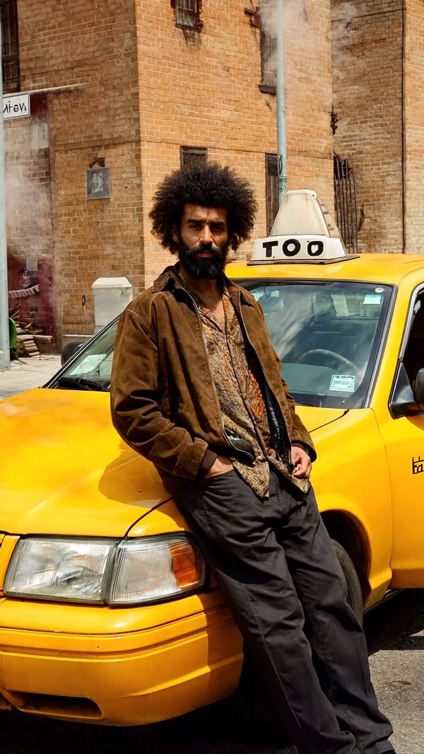 A tall Middle Eastern man with a sharply defined jawline and a thick, meticulously groomed full beard lounges on the hood of a taxi cab painted in the classic bright yellow of late-70s New York City cab fleets. His chocolate-brown suede jacket, worn casually over an unbuttoned floral shirt revealing a sun-kissed chest, rustles softly in the warm breeze—a nod to the era’s bold, eclectic style. His confident slouch conveys effortless control, while his calm, unbothered gaze meets the camera with quiet authority, framed by his dark, thick hair styled in a natural, voluminous cut reminiscent of late-70s male icons.

The setting is an urban street corner radiating vintage New York grit: chipped brick facades coated in layers of amber sodium-vapour streetlight glow spill unevenly across the glossy yellow taxi's rounded metal surfaces, flecked with gentle, authentic 35 mm grain and subtle gate weave. The man’s suede jacket catches glimmers of the warm artificial glow, revealing the nap’s tactile richness and a faint sheen of urban dust. Surrounding elements—a faded subway poster peeling off a lamppost and steam rising from a manhole—add atmospheric texture.

Shot at eye-level with a 50 mm lens, the composition centers the figure with an intimate yet candid stillness. The framing pulls in the taxi’s curved hood and angular headlights, giving weight and vintage charm, while a shallow depth of field softens the background clutter into a creamy blur of muted ochres and deep shadows. The muted palette is punctuated by his shirt’s floral pops of sunset orange and olive green, anchoring the color story firmly in the late-70s aesthetic.

Overall, the image breathes a cinematic blend of confidence and urban cool, woven with golden-hour Kodachrome warmth and tangible analog textures—a vivid mood portrait that echoes the era’s gritty glamour. 

—late-70s / early-80s cinematic photograph, authentic film grain.