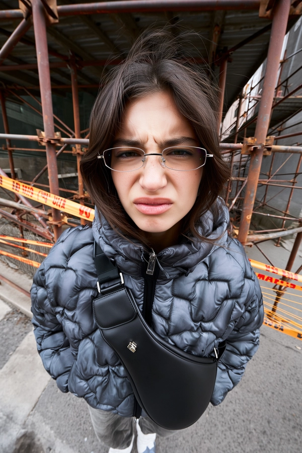 A wide-angle, low-upward perspective iPhone photo realistically showcasing a young woman gazing intently down into the camera lens with a subtly clenched jaw and gently furrowed brows conveying a natural, neutral yet focused expression. Her hair is softly tousled, framing her face naturally. She wears a creatively reinterpreted puffer jacket featuring an abstract geometric quilted pattern in dark muted tones, with distinctly wrinkled textures and soft fabric sheen, paired with sharp angular rectangular glasses featuring thin metallic frames distinct from typical eyewear styles. An original matte black crossbody bag with subtle minimal hardware accents rests casually on her chest. The background presents an urban construction scene with detailed rusted metal scaffolding and faded yellow-orange safety tape waving naturally in a light breeze, all captured in soft natural diffuse daylight with realistic shadows and reflections. The elevated camera angle exaggerates upper body proportions while subtly diminishing lower forms, presenting playful wide-angle distortion typical of spontaneous iPhone photography. Textures of worn fabric, skin pores, subtle hair strands, and rugged urban elements emphasize tactile realism. The entire image conveys authentic, casually dynamic urban energy with a stylishly original outfit and genuinely neutral direct gaze into the camera lens.