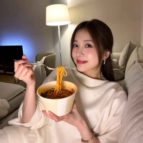 Bathed in the gentle glow of a late-afternoon living room lamp, a young woman reclines gracefully on a plush sofa. Her hair, swept softly behind one ear, pairs effortlessly with her natural makeup that enhances her skin’s subtle radiance and delicate features. She wears a loose, cream-colored sweater that drapes elegantly over her frame, the texture invitingly soft beneath the soft, diffused light.

In one hand, she holds a simple takeout container brimming with steaming pad thai, the glossy sauce clinging artfully to translucent noodles. With careful poise, she guides a forkful to her lips, a faint sheen of gloss catching the light on her mouth. Her eyes sparkle faintly with amusement, half-lidded as she mid-chew giggles quietly, her serene expression perfectly balanced between composure and the gentle joy of the moment.

The background hints at the cozy ambiance of a movie night — a muted television screen casts a subtle, shifting glow while cushions and a soft throw blanket create a comforting nest around her. The carefully framed iPhone shot is taken from a relaxed arm’s-length angle, capturing the intricate textures of fabric weave and the steamy ribbons of noodles against the warm palette of the room.

This intimate scene, both casual and carefully curated, holds the quiet beauty of a calm evening punctuated by simple pleasures, perfectly resembling a candid iPhone photo.