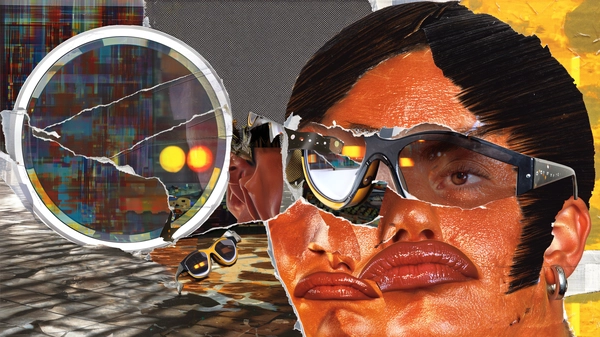 Their face is dissected into a chaotic collage: one oversized eye mirrored across the cheek, the other inverted and rotated above the forehead. Lips appear twice—one curled, one flattened—offset and layered over a torn bridge of the nose fragmented into two jagged halves. Cropped hair is rendered as a thick, paper-cut silhouette with sharp uneven edges. Fashion eyewear is repeated in mismatched scales; a giant circular lens lies flat, its frameless rim forming a raw border, while a smaller, standard pair distorts their face with halftone reflections and sticker-like overlays. Torn paper seams and tape fragments punctuate the facial assembly, creating visual discord akin to layered zine pages.

Glowy copper skin gleams with a tactile realism—pores, subtle wrinkles, and light acne scars are visible beneath xerox grain and halftone dots. The cropped hair is a dense mass of rough, analog texture with visible cut edges. The background mimics a mirror-tiled floor through stark halftone patterns and crumpled tape overlays, blending analog photographic distortion with punk collage energy. The entire scene feels handcrafted, scanned, and reassembled with tactile human intensity.