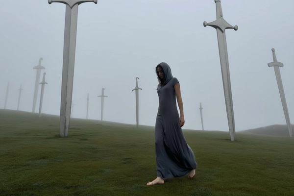 A spontaneously captured iPhone photo of a barefoot woman walking through a misty, softly sloping field dotted with monumental, vertically embedded metallic swords. She wears a long, flowing dark-grey dress that drags lightly behind her, with a loose hood obscuring part of her damp, naturally tousled hair. Her serene, introspective expression reveals subtle natural skin textures under the diffused, fog-filtered daylight. The muted color palette features soft greys and muted greens mingling with the cold shimmer of worn steel on the gigantic swords, their surfaces gently reflecting the mist. The composition feels casually framed with an off-center, slightly upward angle that emphasizes the surreal scale contrast between her slender figure and the towering swords, capturing authentic atmospheric moisture on the fabric and grass around her, evoking quiet melancholy and enigmatic solitude.