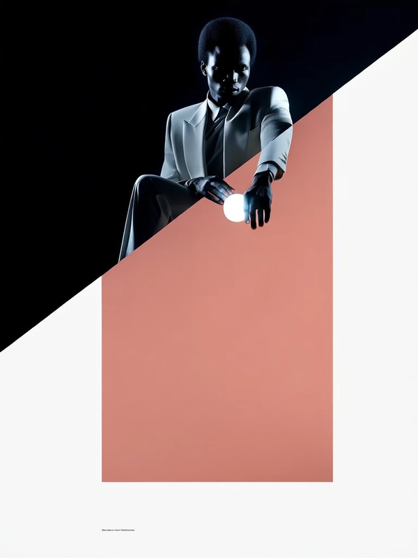 Glacial white silk threads cascade in architectural folds as a Black man anchors the frame, his tailored white suit a study in sculptural precision. The jacket’s sharp shoulders and subtle sheen play against his deep skin, contoured by the minimal, matte sunburst makeup that emphasizes his strong jawline and luminous cheekbones. His hair, sculpted into tight, immaculate waves, pulses with understated elegance beneath the crisp lapels.

He reclines in poised stillness, limbs folded yet asserting volume like a living statue, each finger briefly catching a cool white light. The pose echoes classic modernism—timeless and rigid, yet vibrantly alive. Against a mirror-black studio, reflections fracture the scene, splintering into shards of stark white geometry and glossy black depth.

A hard key light slashes across his silhouette from the left, punctuated by a faint, icy fill from the right that preserves shadow details and accentuates every weave and thread of the immaculate fabric. The rim light outlines his figure with a spectral glow, tracing the fine grain of his skin and the faintest sheen on polished leather shoes. Moody, cinematic, each element merges into a chiaroscuro tableau of light and texture.

Shot with a 90mm lens at eye height, cropped tightly from mid-thigh upward to emphasize form and fabric, the composition is a minimalist manifesto. Like classic silver halide film reimagined through hyperreal digital processing, the image hums with a grain-softened starkness yet surges with tactile fidelity—high-fashion editorial, hyper-real texture fidelity