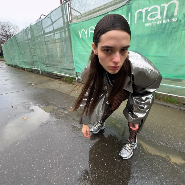 A dramatic, low ground-level wide-angle photo realistically captured on an iPhone portrays a young woman mid-stride on a wet urban sidewalk, her gaze deliberately meeting the camera with a neutral, uninviting expression and composed closed mouth. Her hairstyle is sleek and naturally detailed. She wears a uniquely reimagined reflective metallic trench coat with distinctly original cuts and fabric texture contrasted with creatively patterned fishnet-inspired tights that differ conceptually from the example and stylish, innovatively designed sneakers featuring bold construction without brand references. Behind her, subtle puddles vividly mirror diffused green neon signage and semi-transparent construction mesh fencing, textured with realistic urban grime and rain reflections. The scene bathes in soft natural daylight enhanced by slight overcast softness, producing gentle realistic shadows and ambient light reflections. The composition captures authentic exaggerated wide-angle distortion from an elevated but low side angle, casually framing her dynamic movement and face directly engaging the lens, vividly reflecting spontaneous iPhone photographic style with lively urban texture, genuine fabric creases, skin detail, and loosened hair strands enhancing the realistic, playful, and authentic atmosphere.