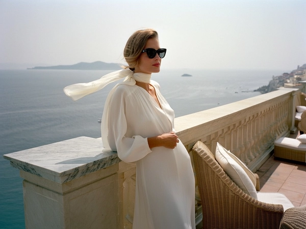 Bathed in the soft, diffused glow of a late morning sun, a poised woman stands with effortless grace on a sunlit seaside terrace. She wears a flowing white linen dress that drapes fluidly over her frame, while a Hermès silk scarf, tied loosely around her hair, flutters gently in the breeze. Sophisticated black tortoiseshell sunglasses shield her contemplative gaze as she leans casually against a polished marble balustrade, embodying serene elegance and quiet confidence. The muted palette, a harmonious blend of creamy whites and gentle beige tones, suffuses the scene with timeless restraint. Subtle 35 mm Kodachrome grain accentuates the delicate sheen of her dress’s fabric and the textured wicker lounge furniture nearby, crafted with a balanced composition framed at eye level through a classic 50 mm lens. The atmosphere recalls the poised leisure moments captured by Slim Aarons, whispering understated affluence and vintage glamour. —late-70s / early-80s cinematic photograph, authentic film grain