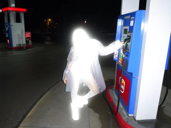 A spontaneous nighttime snapshot captured with an intense iPhone flash outside a gas station. A Black woman in a translucent raincoat and fishnets leans casually yet fiercely against a payphone, her body completely bleached out by the flash, rendering facial and clothing details nearly invisible and ghostlike. The glowing figure contrasts sharply against the dark surroundings, with long shadows from gas pumps stretching across the wet pavement. The framing is imperfect and candid, emphasizing the surreal and spontaneous nature of the moment.