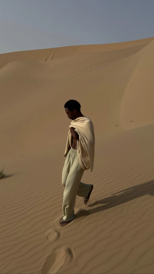A candid, casually captured iPhone-style image of a man dressed in loose, muted beige linen pants and a softly draped, pale sand-colored shawl wrapped nomadically around his shoulders. He walks along a gently sloping desert ridge with expansive sand dunes stretching into the background. His pose is understated but elegant, walking with a slight lean forward, his silhouette elongated by the warm late afternoon sun. Deep, soft shadows stretch behind him across the sandy ridge, creating natural contrasts typical of authentic iPhone photography. The minimalist composition places the man off-center, emphasizing the vastness of the desert landscape. The tactile textures of the lightweight linen fabric and the fine sand are clearly visible, capturing the natural nuances of the skin and fabric folds under soft, low-contrast sunlight and subtle iPhone flash illumination, evoking a spontaneous, atmospheric desert scene with nomadic undertones.