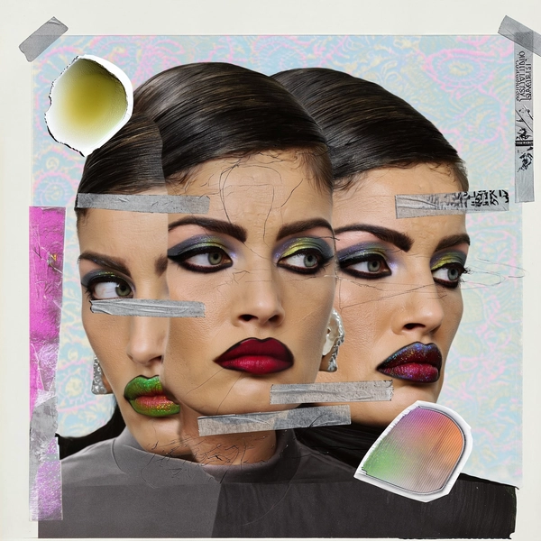 Her face is a surreal stack of three overlapping expressions—each layered transparently with distinct makeup styles clashing and blending. One set of eyes is lined thickly and gazes left, another repeated half-sized with glitter shadow floats above a repeated mouth smeared with different vibrant lip colors. These fragmented layers shift in opacity, creating an unnatural triplicate visage caught between moods. Scattered around her head float cutout snippets: torn lipstick ad fragments, swatches of highlighter glowing softly against soft pastel paper patterns, all taped and collaged with visible rough edges and adhesive tape strips. 

Her skin texture remains richly detailed beneath these overlays—visible pores, tiny freckles, and subtle wrinkles give tactile authenticity. Her hair is cropped tightly, ink marks and xerox grain dancing over it, while her plain blouse blends into a halftone—ripped paper and sticker borders frame the chaotic composition. This portrait reverberates with 1990s underground zine energy, scanned and physically constructed rather than digitized.