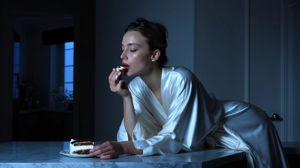 Bathed in the gentle blue-gray hues of midnight, a striking woman balances on a cool marble countertop in her flowing silk robe, the fabric catching glimmers of soft ambient light. Her hair is wrapped neatly in a towel, strands tucked away to reveal her smooth, dewy skin and the delicate sheen of her natural makeup. Her expression remains tranquil, eyes half-lidded as she concentrates on bringing a tender crumb of richly frosted cake to her lips.

Fingers lightly coated in velvety cream, she delicately pinches the slice, the subtle shine of frosting catching the scarce light, a small smear gleaming at the corner of her mouth. The contrast between the plush silk, the chill of polished stone beneath her, and the tender textures of dessert create a tactile harmony. Her composure is serene, embodying quiet indulgence without a trace of hurry.

Behind her, the smooth marble countertop fades softly out of focus, giving way to the hint of a dim kitchen space, where shadows pool in corners and the faint glimmer of moonlight filters through an unseen window. The near darkness wraps around her, while the natural light highlights the delicate pores of skin and the slight gloss on her lips, suggesting the intimacy of this late-night ritual.

Captured from a gentle, slightly tilted arm’s length angle, the image feels spontaneous yet refined, underscoring the effortless poise of the moment—a serene figure framed by the contrast of cool stone and tender sweetness, perfectly resembling a candid iPhone photo.