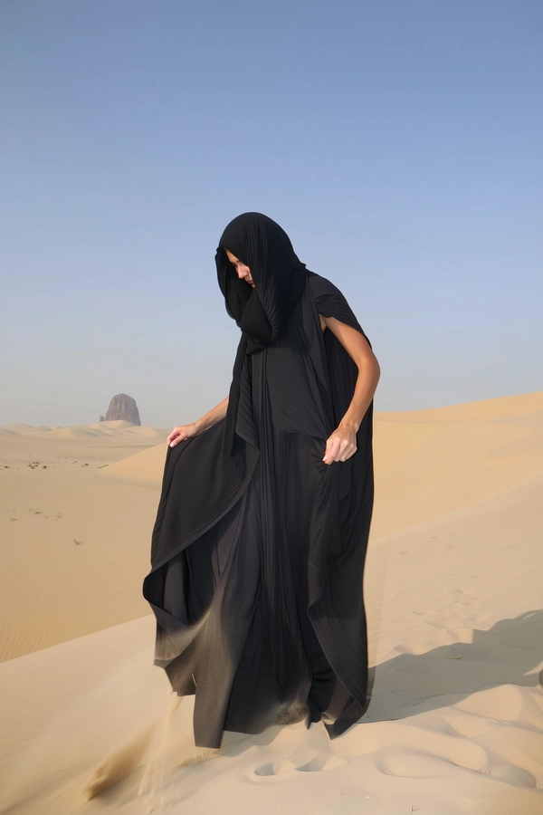 A candid, casually captured iPhone-style image of a Swiss woman wearing an elegant, monochrome flowing cloak with soft, draped, layered fabrics covering most of her body. She gently holds the edges of her cloak while subtle sand swirls around her feet, standing in a serene, introspective pose within an expansive desert landscape featuring gentle sand dunes and a distant ancient stone outcrop. Her face is partially concealed by a loosely draped hood, enhancing a mysterious and calm emotional undertone. Bright natural sunlight casts soft, low-contrast illumination, complemented by the subtle, distinctive highlight of an iPhone flash adding authenticity to the spontaneous moment. The minimalist, slightly asymmetrical composition highlights her elongated silhouette against the smooth desert textures, emphasizing tactile realism in the flowing fabric, swirling sand, and the natural nuances of her skin as typical in candid iPhone photography.