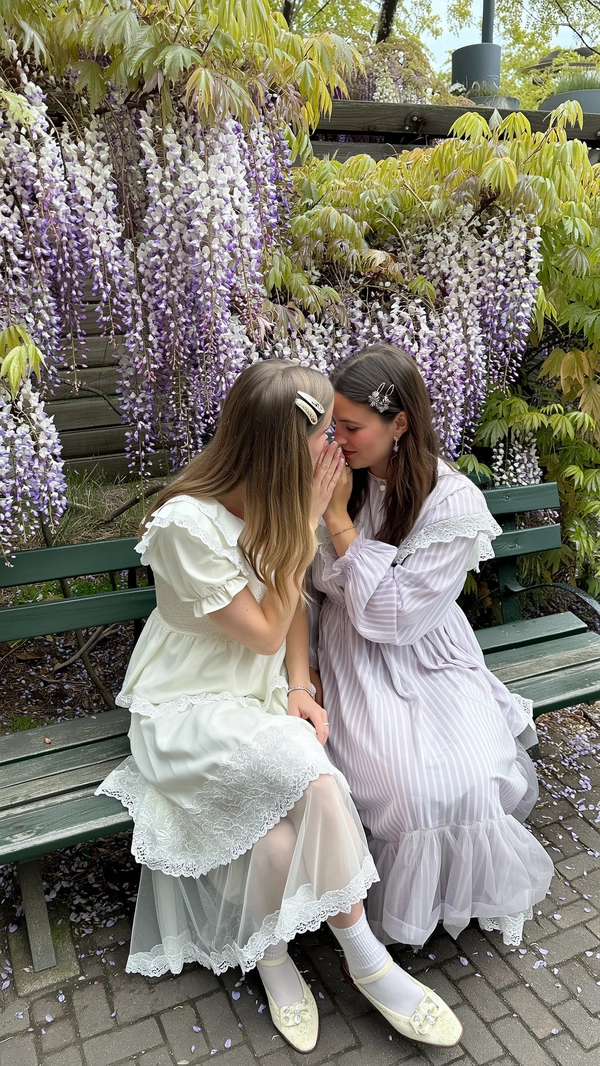 A tender, softly intimate moment captured as two women sit closely on a vintage wooden park bench beneath a canopy of blooming wisteria, dressed in delicate Jenny Fax-inspired coquette dresses featuring intricate lace trims, sheer tulle overlays, ruffled collars, and lightly puffed sleeves in pastel ivory and dusty lavender hues. Their hair is styled in loose, softly waved tresses, with minimal accessories like delicate silver charms and subtle floral pins, complemented by fresh, natural makeup highlighting gentle, introspective expressions as they share secrets. The surrounding wisteria blooms cast a subtle lavender-tinted glow, filtering diffused, warm natural light that gently illuminates the fine lace textures, layered tulle softness, and the gently weathered wood of the bench. Composed from a casual, slightly elevated and tilted angle, the framing balances generous negative space with poised elegance, evoking a quietly romantic and whimsically feminine scene true to Jenny Fax's delicate vintage-inspired style.