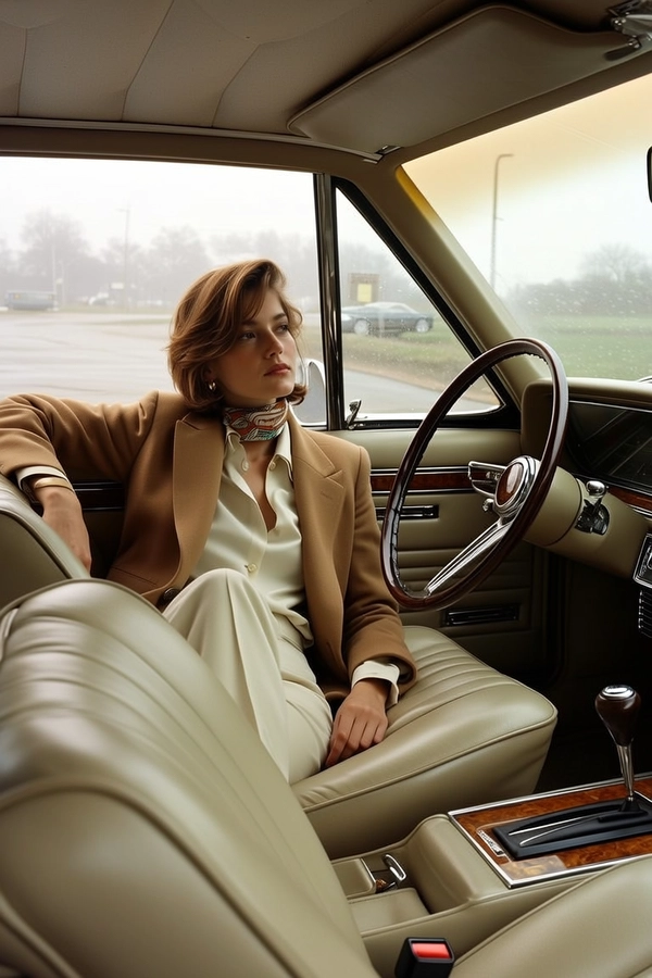 In the muted glow of an overcast afternoon, a young woman reclines gracefully within the plush leather interior of a classic late-70s automobile, her gaze contemplative as it drifts beyond the slightly fogged window. Draped in a delicate ivory silk blouse beneath a soft camel wool blazer, her refined bob frames a face touched by minimal makeup, while a subtly patterned Hermès silk scarf loosely encircles her neck, catching the gentlest hint of diffused light. The muted palette of creams, soft browns, and faint greys melds seamlessly with the car’s weathered wood dashboard and polished chrome accents, all rendered with a gentle analog grain reminiscent of 35 mm Kodachrome. The composition rests at eye level, capturing this intimate moment with relaxed balance, inviting quiet reflection amid the vintage ambiance."
  "—late-70s / early-80s cinematic photograph, authentic film grain.