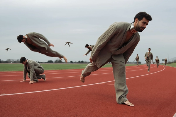 A visually compelling, surreal iPhone-style candid photograph depicting a man duplicated multiple times along a vast red running track stretching under an overcast sky. Each instance wears the same layered, earth-toned linen outfit accented by a distinctive metal neck ring. Some figures are dynamically stretching, others crouch low on the track, one is captured mid-stride running, and another walks calmly nearby, collectively resembling fragments of a futuristic ritual unfolding spontaneously. The natural diffused daylight softly highlights the textured linen fabrics, subtle skin details, and reflective metal of the neck rings, creating authentic shadows and gentle reflections. The composition combines close-up and distant figures to enhance surreal scale and perspective while maintaining casual, unposed authenticity typical of iPhone photography. The framing is intuitive and slightly off-center, capturing spontaneous action and interaction amid the minimalist, expansive outdoor setting.