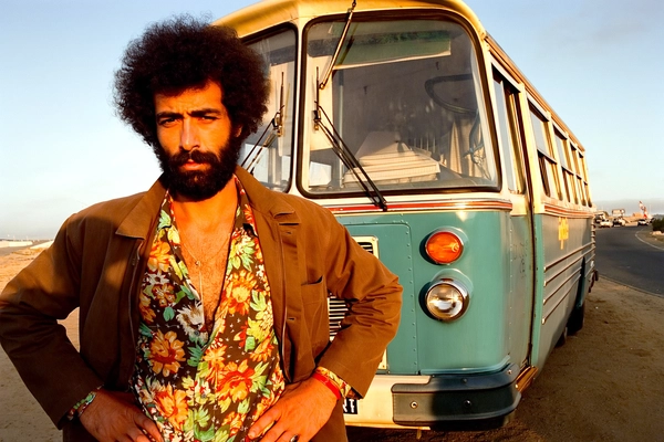 In the amber embrace of golden hour, a striking Arab man stands resolute beside a vintage retro bus, his arms firmly akimbo asserting quiet authority. His dense, dark curls crown a full beard that, together with his composed, magnetic expression, captures the essence of late-70s charisma. He sports a rugged brown safari jacket layered over a flamboyant floral shirt bursting in hues of burnt orange, olive green, and sun-faded turquoise, evoking a robust tactile contrast between earth tones and vivid prints.

The scene is saturated with nostalgic Kodachrome warmth; diffuse yet directional sunlight carves soft shadows along his defined cheekbones and the worn, woven texture of his jacket’s fabric. The bus’s faded teal paint and rounded chrome details reflect subtle glints under the low sun, grounding the composition in a dusty, sun-drenched roadside atmosphere common to Mediterranean or North African outposts of the era.

Shot at eye-level through a slightly wide 35 mm lens, the framing crisply isolates the figure against the bus’s geometric lines, creating a dynamic interplay between human form and machine. The tactile graininess of 35 mm film, paired with faint gate weave, lends an almost tangible warmth to the image—his stubbled skin pores and jacket’s rough cotton weave come alive beneath the soft glow.

This evocative frame channels the thoroughbred mood of a vintage Liam Wong street scene with analog authenticity and color harmony, where bold personality and weathered surfaces converse under golden sunlight. The man’s effortless magnetism and timeless style invite onlookers to pause and reflect—late-70s / early-80s cinematic photograph, authentic film grain.