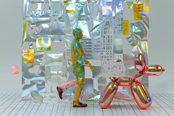 A surreal full-body portrait featuring a solitary figure walking a balloon-animal dog, both ingeniously crafted from layers of translucent, crumpled receipts whose faded text and numeric imprints ripple across their forms. Embedded throughout are sparkling, iridescent glitter textures that catch fragmented light, shimmering with hints of silver and soft rose hues, interspersed with glossy plastic sticker cutouts that lend a tactile, reflective sheen to the composition. The duo strides across a sharply defined, monochrome grid-lined floor, where strict linearity and perspective clash with the organic flow of layered paper folds and glistening highlights. The human figure’s contours dissolve partially into the overlapping textual fragments, while the balloon-animal dog’s twisted, inflated shapes pulse with vibrant plastic luminosity, embodying an uncanny fusion of analog materiality and synthetic gloss. This interplay between rigid structure and fantastical form evokes a dreamlike tension, where ephemeral paper meets glittering artifice amid spatial precision. —digital fluid surrealism