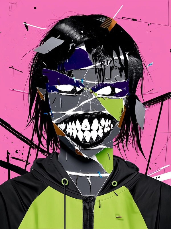 The woman's face and body are formed entirely from torn, mismatched paper fragments layered with no regard for anatomical correctness. Her eyes are scattered unevenly, with one enlarged and floating above her twisted face, while her mouth is fractured into multiple sharp-edged smiles overlapping aggressively. Her skin consists of patched dark paper scraps—charcoal gray, sickly green, and faded brown—crumpled and curling at the edges. Her hair is an angular collage of glossy black and deep purple cut-outs, jagged and fragmented. Paper seams and staple marks visibly break across her neck and collarbone, assembled like a broken mask. She wears a fragmented hoodie of neon green and black, stark and geometric in shape.

The background is a flat electric pink canvas littered with black graffiti-like vector strokes, dripping paint blobs, and floating torn paper strips. Harsh, stylized lighting casts graphic shadows and bright white highlights that emphasize every seam and misalignment of the collage. The composition is tightly cropped around her upper torso and face, with twisted angles and layered paper debris piercing the frame. The overall effect is raw, unsettling, and aggressively handmade—an eerie hip hop icon shattered through surreal paper collage logic.