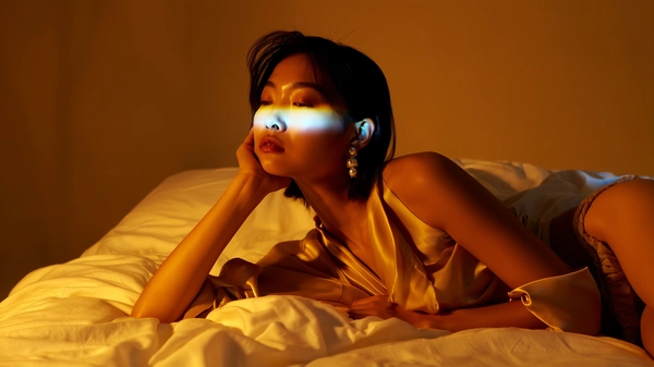 Warm amber light drapes a serene East Asian woman reclining on a disordered bed, her chin gently cradled in a sculptural hand that mirrors calm contemplation. A delicate silk blouse, soft as a whisper, frames her visage where pearl earrings catch near-flattened flashes from an off-angle digital source, imparting a glossy skin glow that reveals quiet luminescence beneath sleepy lids. 

Her pose is still yet intimate, slowed breathing visualized in the subtle play of shadows that curve alongside her jawline and collarbone, the rumpled fabric beneath adding a lived-in, tactile layer to the composition. The setting is a muted-bedroom cocoon, where the warm lamp’s hum softens the edges against a minimal, slightly blurred backdrop textured with linen and worn cotton.

Key tungsten highlights and a cool fill gently sculpt her features, coaxing out the satin sheen of her blouse weave and the fine grain of her skin with remarkable fidelity. The evening palette is an amber wash punctuated by pearly reflections, evoking a quiet moment suspended between dusk and slumber.

Captured from a low vantage and framed tightly at eye level on a 50mm prime, the composition balances softness and clarity. A subtle digital grain sits beneath a glossy finish, recalling the interplay of flash photography’s hyperreal textures yet layered with a timeless warmth—high-fashion editorial, hyper-real texture fidelity
