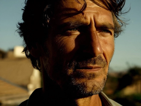 Golden afternoon light cascades across the sharply defined face of a man caught in quiet introspection, his deep-set eyes reflecting a narrative of resilience and hidden stories. The subtle texture of his weathered skin, punctuated by faint stubble, contrasts with the softened shadows that sculpt his strong jawline and slightly tousled hair. Against a blurred backdrop of muted earth tones and vague architectural shapes, his taut expression and understated gaze invite a sense of intimate revelation. The composition's shallow depth of field pulls the viewer close, framing the subject with a tactile realism that highlights the interplay of warm sunlight and cooler shade, all rendered in a softly grainy, contemporary cinematic style.
