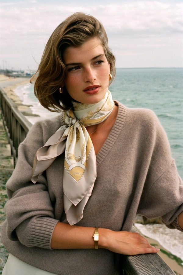 In the muted glow of an overcast afternoon, a young woman drapes herself with effortless grace along the teak railing of a seaside terrace, her contemplative gaze lost beyond the ocean’s horizon. She wears a delicate Hermès silk scarf in gentle cream and beige hues, loosely tied around her neck, framing her elegantly coiffed hair with natural waves. Her cashmere sweater, soft and muted in its earthy taupe tone, catches the diffused light, revealing the fine texture of its weave. Around her slender wrist, a slender gold watch glimmers faintly, while minimalist gold hoop earrings peek through her hair, completing the look of discreet sophistication. The scene, rendered through a balanced composition shot with a 50 mm lens, immerses the viewer in subtle Kodachrome-like pastels and the tactile reality of weathered teak and soft wool, enhanced by the characteristic grain and analog imperfections of vintage 35 mm film conveying an intimate, timeless quietude."
  —late-70s / early-80s cinematic photograph, authentic film grain