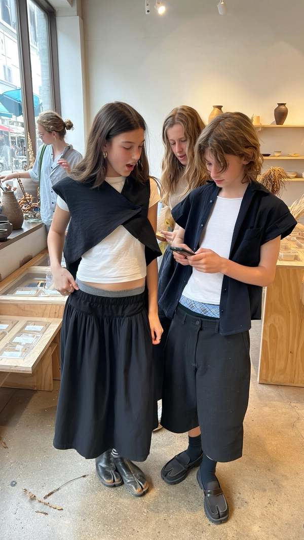 A spontaneous, casually candid iPhone photo showing a group of cool teenagers inside a minimalist Japandi-inspired shop featuring warm wooden shelves, simple pottery and dried plants as decor. The teens wear effortlessly stylish Japandi outfits: a girl in a white cropped t-shirt layered under a loose, asymmetrical black jacket paired with a wide-leg black skirt and worn tabi-style shoes; a boy wearing a simple white oversized tee under a textured black short-sleeve shirt, loose black culottes, and chunky loafers with socks. Their hairstyles are casually tousled and natural, makeup minimal to bare skin with soft freckles and natural skin texture. Soft natural daylight filters through large windows, casting gentle shadows on concrete floors and wooden display tables. The texture of fabrics, subtle imperfections in the skin, natural hair strands, and the warm woodgrain are all realistically visible. The framing is slightly tilted and cropped spontaneously, capturing candid facial expressions and natural postures as they browse and chat, evoking intimate casualness with Japandi stylish restraint.