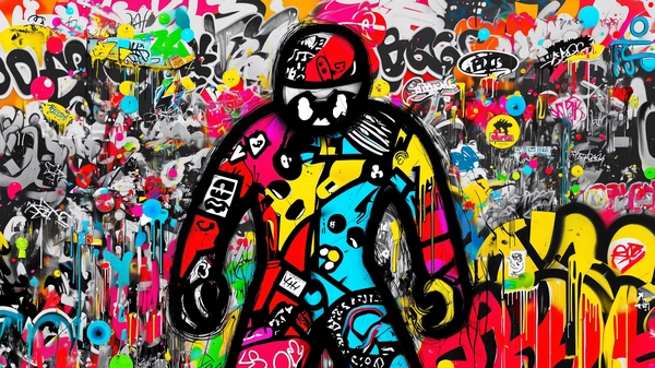 A full-body abstract figure boldly outlined in thick, textured black ink that bleeds slightly into surrounding spaces, its interior a vibrant mosaic of saturated color blocks—fiery reds, electric blues, and vivid yellows—interspersed with whimsical emoji patterns and bold, sticker-style graphics like glossy patches and playful icons. The figure stands against a complex, multi-layered backdrop dense with overlapping graffiti tags in faded spray-paint textures, peeling stickers, and drips of neon paint that add gritty tactile roughness. This layered urban canvas collides with the figure's clean graphic forms, creating dynamic tension between organic analog decay and sharp, digital pop elements. The composition pulses with a youthful, chaotic energy, evoking playful vibrancy beneath bold black silhouettes where fluidity meets rigidity and expressive disorder contrasts with defined structure. —digital fluid surrealism
