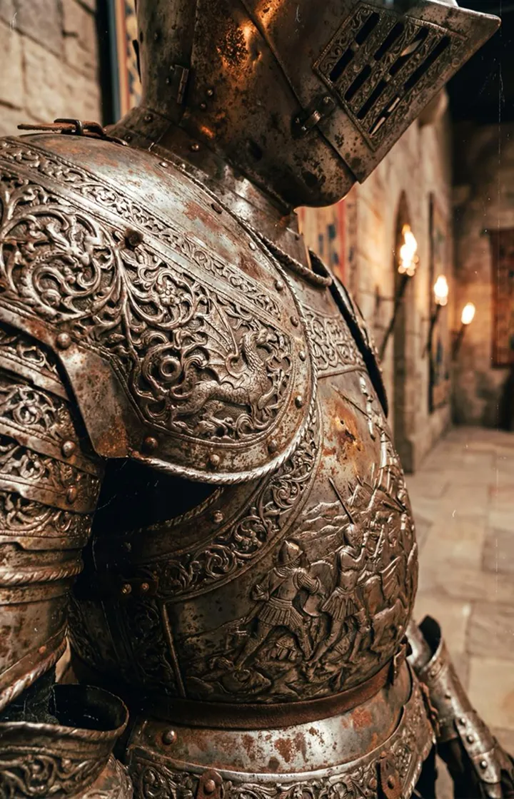 Ornate medieval armor close-up, engraved metal, warm torchlight, shallow depth, castle interior atmosphere