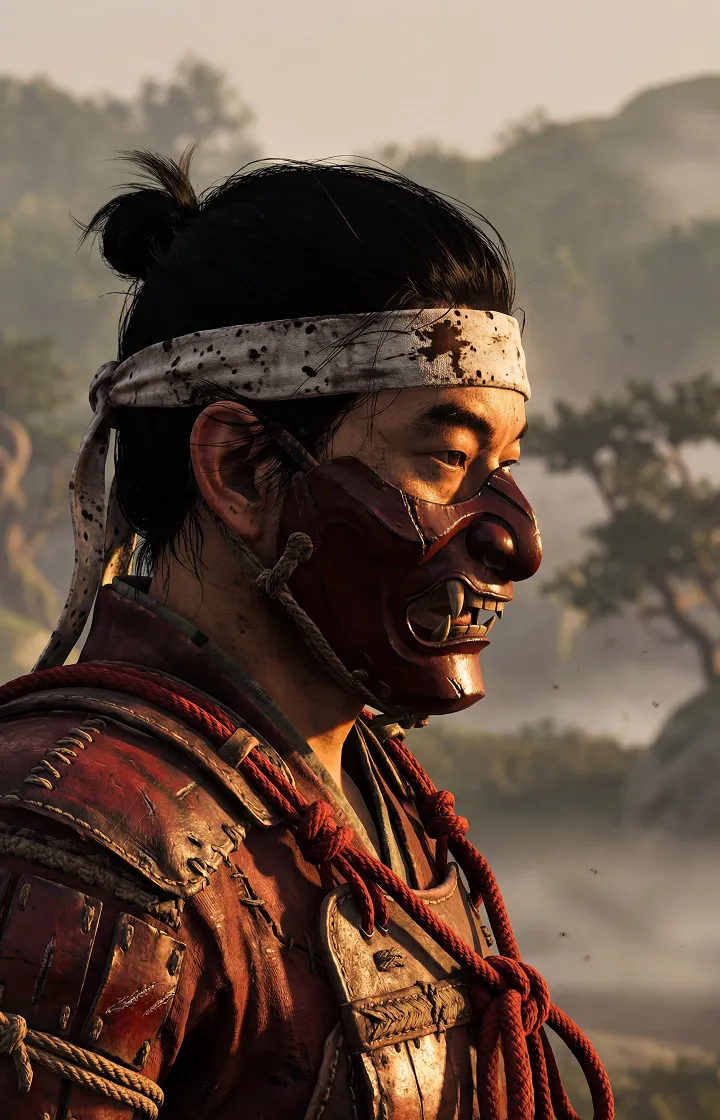 Samurai in red armor wearing a fierce red oni mask and a bloody headband