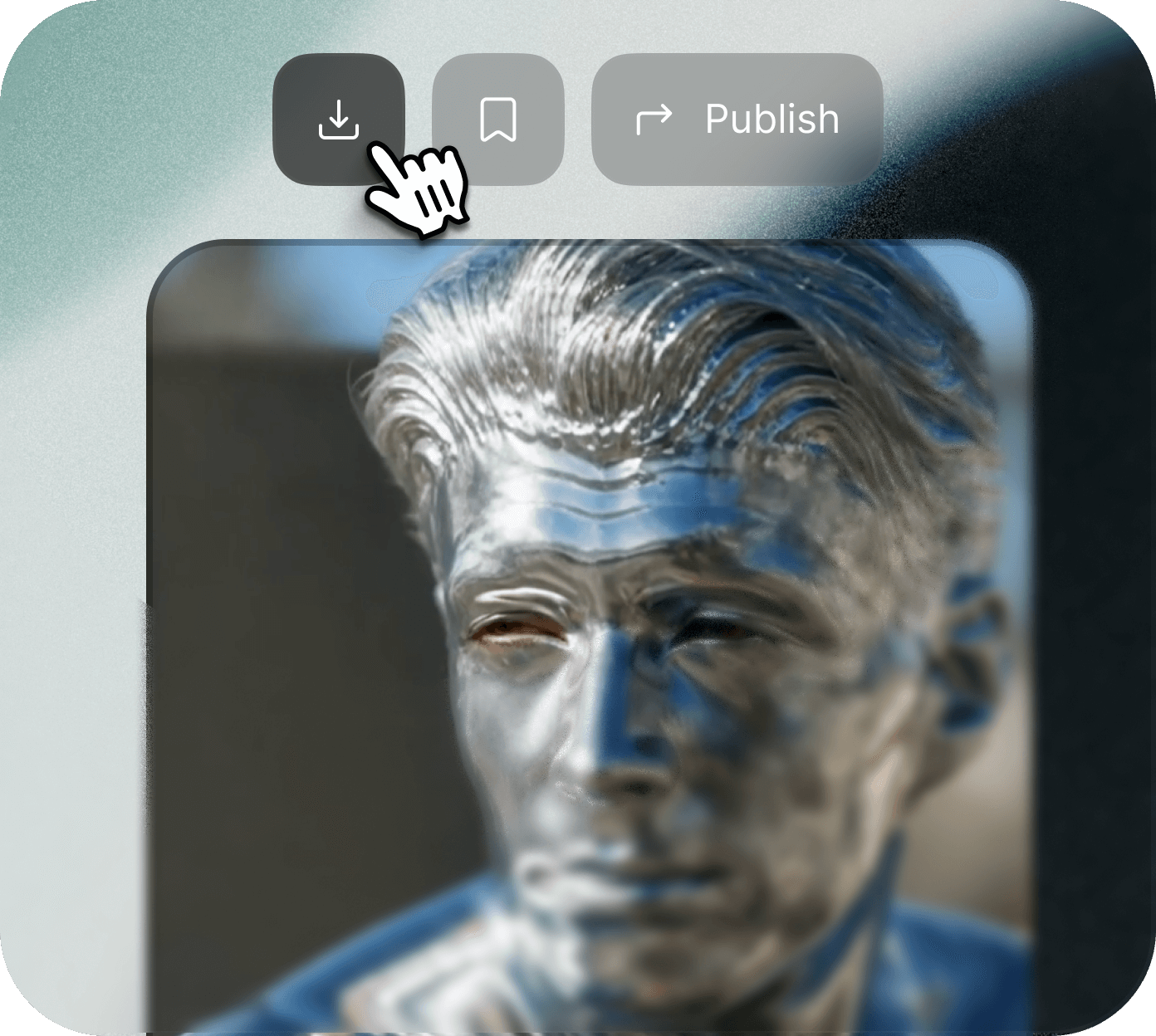 AI-generated video output from Sora 2 showing a man looking tense on a city street surrounded by eerie glass-like figures, with download and publish options.