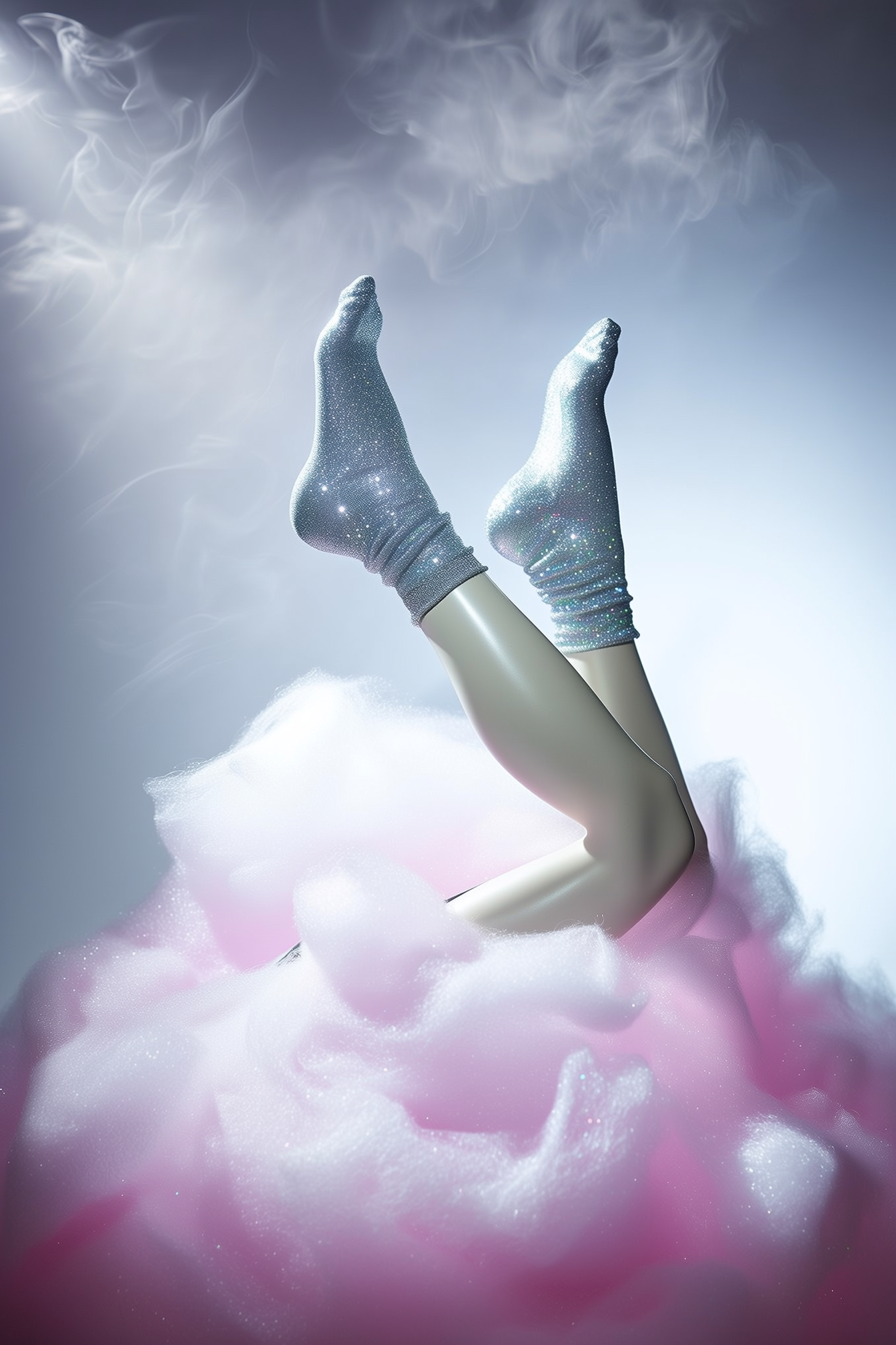 A pair of mannequin legs dressed in sparkling glitter socks protrudes boldly from a voluminous mountain of cotton candy, its delicate, spun sugar texture softly aglow under a focused studio spotlight. Wisps of ethereal fog swirl gently around the scene, diffusing the bright, cool light and lending a dreamlike haze that contrasts with the sharp shine on the socks' glistening threads. The smooth, featureless plastic of the legs reflects the light with subtle sheen, emphasizing their artificial stillness amid the sweet, fluffy chaos surrounding them. The composition centers tightly on this surreal juxtaposition, capturing the fine details of the glitter's shimmer and the airy cotton candy's spun texture in crisp, tactile clarity, bathed in cool white and pale pink hues that meld into a softly blurred background.