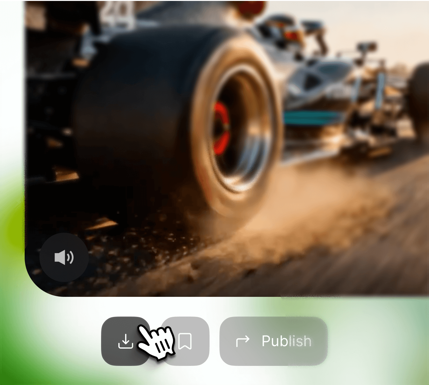 Close-up of a Formula 1 race car drifting on track with dust flying, shown in a blurred video player UI with download, bookmark, and publish buttons