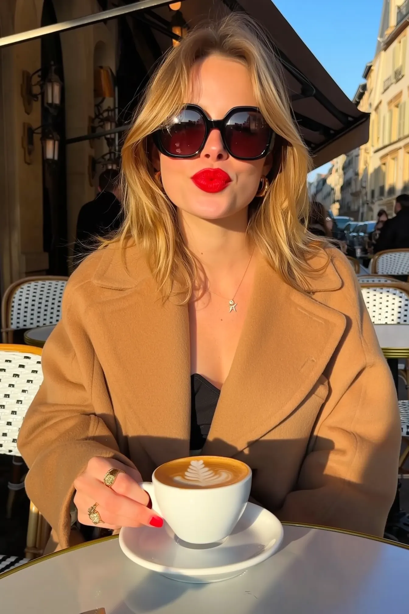 3. A glamorous shot of a woman in an outdoor café, wearing a camel coat and oversized sunglasses. Her red lipstick pops against her fair skin. She’s holding a cappuccino, natural golden hour lighting.