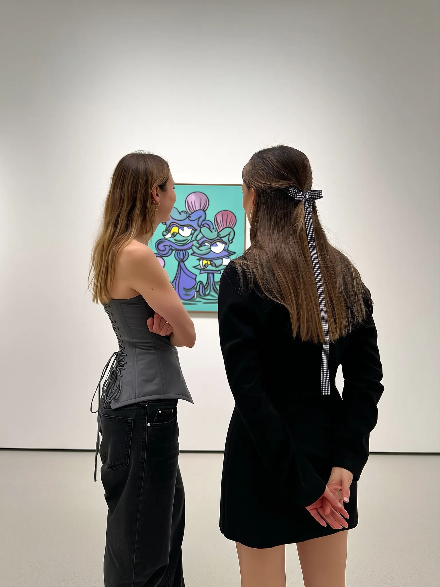 High-resolution iPhone photograph tightly composed to capture two fashionable women standing mid-distance from a pristine white gallery wall adorned with a large whimsical modern artwork. The scene shows a candid moment mid-discussion, their relaxed postures conveying natural engagement with the art and each other. One woman, seen from a slight side angle at three-quarter rear view, wears a dark gray corset-style top paired with relaxed black jeans that gently crease at the ankle, her arms loosely at her sides. Her hair, softly catching the ambient light, frames her face as she directs her gaze thoughtfully toward the painting. The other woman, captured from behind and slightly to the side, dons a sleek black dress with subtle texture, complemented by a delicate gingham ribbon tied neatly in her hair, which cascades softly over her shoulders. Her hands rest casually by her sides as she leans slightly forward, visibly engaged in the conversation. Soft, diffuse ambient gallery lighting gently sculpts fabric textures—the corset's structured sheen and the dress's smooth flow—while creating a natural compression between figure and whimsical artwork. The expansive white wall behind them provides a clean, graphic background, establishing a calm horizontal rhythm that anchors this intimate, fashion-forward moment of contemporary art appreciation within a serene minimalist museum setting.