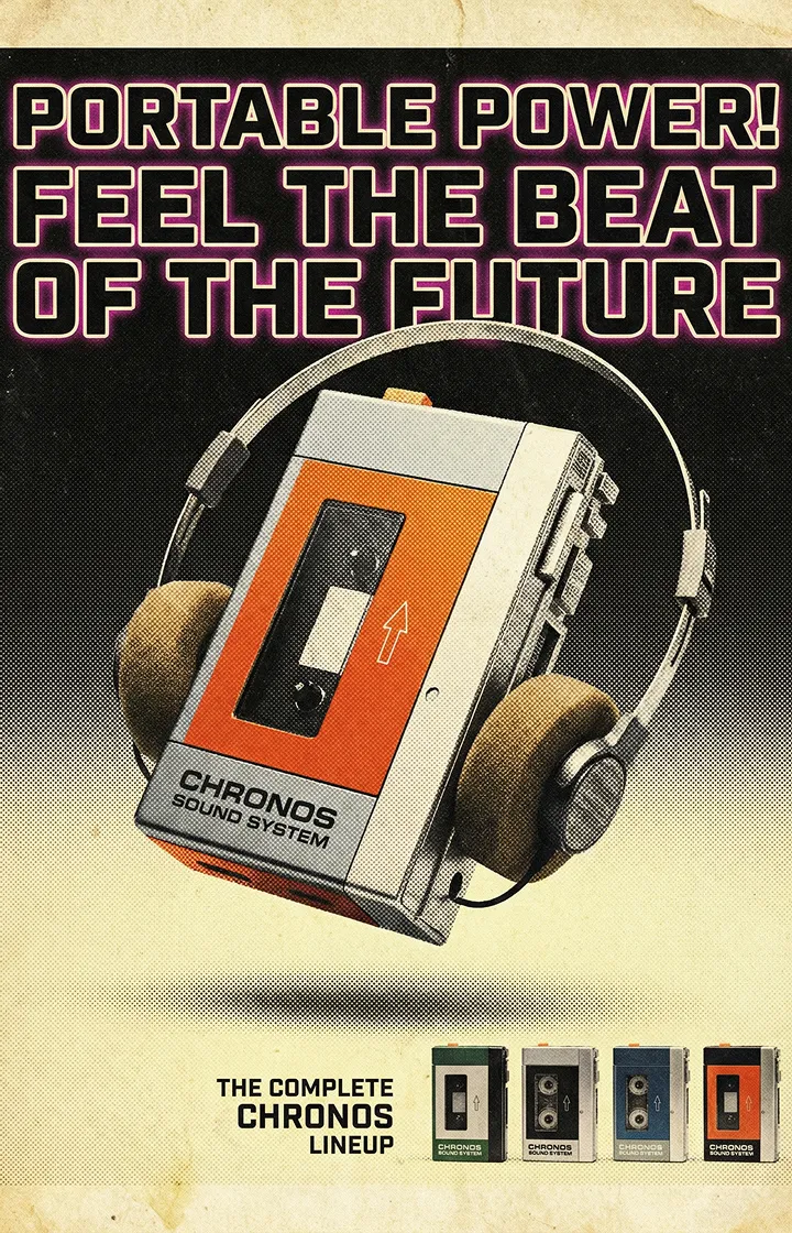 Retro 80s cassette ad layout, grainy texture, floating player, bold title, bottom lineup, fictional branding