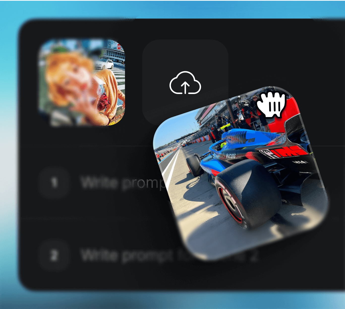 Blurred thumbnail of a woman eating fruit beside a sharp image of a blue and red Formula 1 race car in pit lane, shown in a draggable interface with upload icon