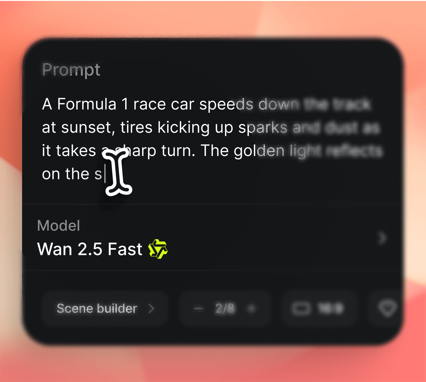 Prompt input UI for AI model Wan 2.5 Fast describing a Formula 1 race car speeding at sunset, with sparks, dust, and golden light during a sharp turn