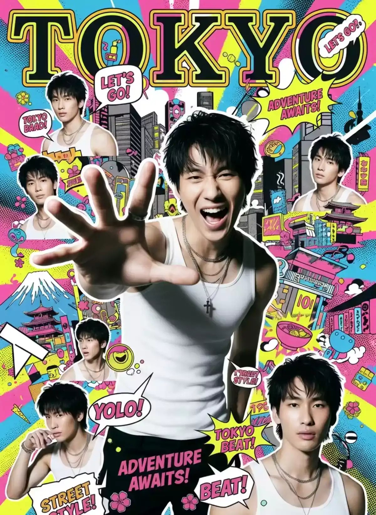 A colorful, hyperrealistic digital art collage features a central smiling young man reaching out, surrounded by multiple ai avatars and pop art elements with Tokyo-themed text, showcasing the style and capabilities of an ai image generator and ai avatar generator.