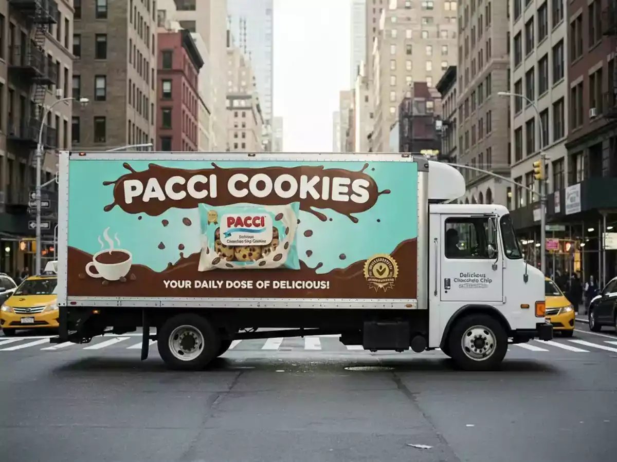 A delivery truck with a large advertisement for Pacci Cookies featuring a photorealistic image of cookie packaging and a coffee cup drives through a city intersection, demonstrating the use of product placement AI in urban advertising.