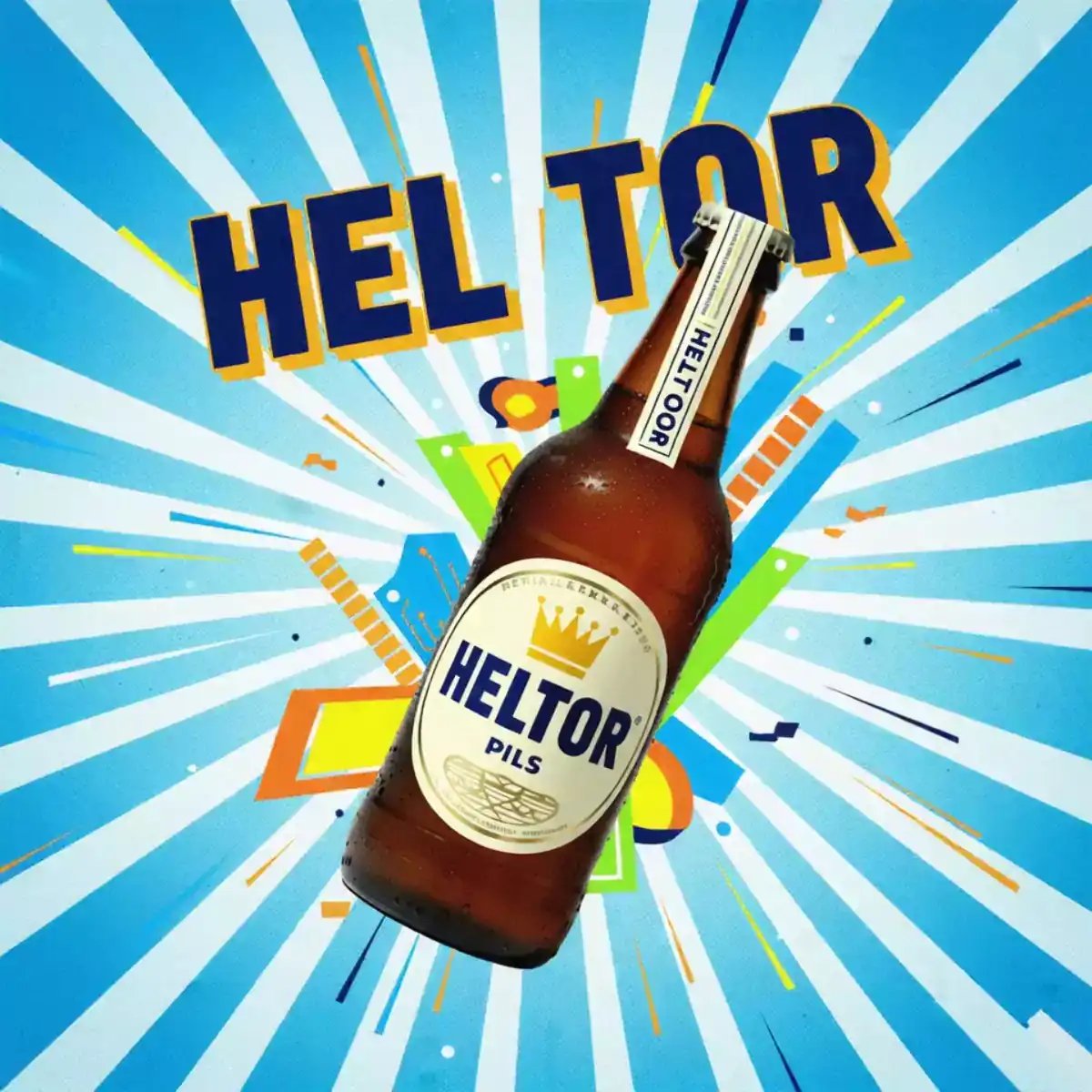 A cinematic AI video generator showcases a hyperrealistic photo of a HELTOR Pils beer bottle against a vibrant blue background with stylized graphics, demonstrating AI product placement and digital art creation.
