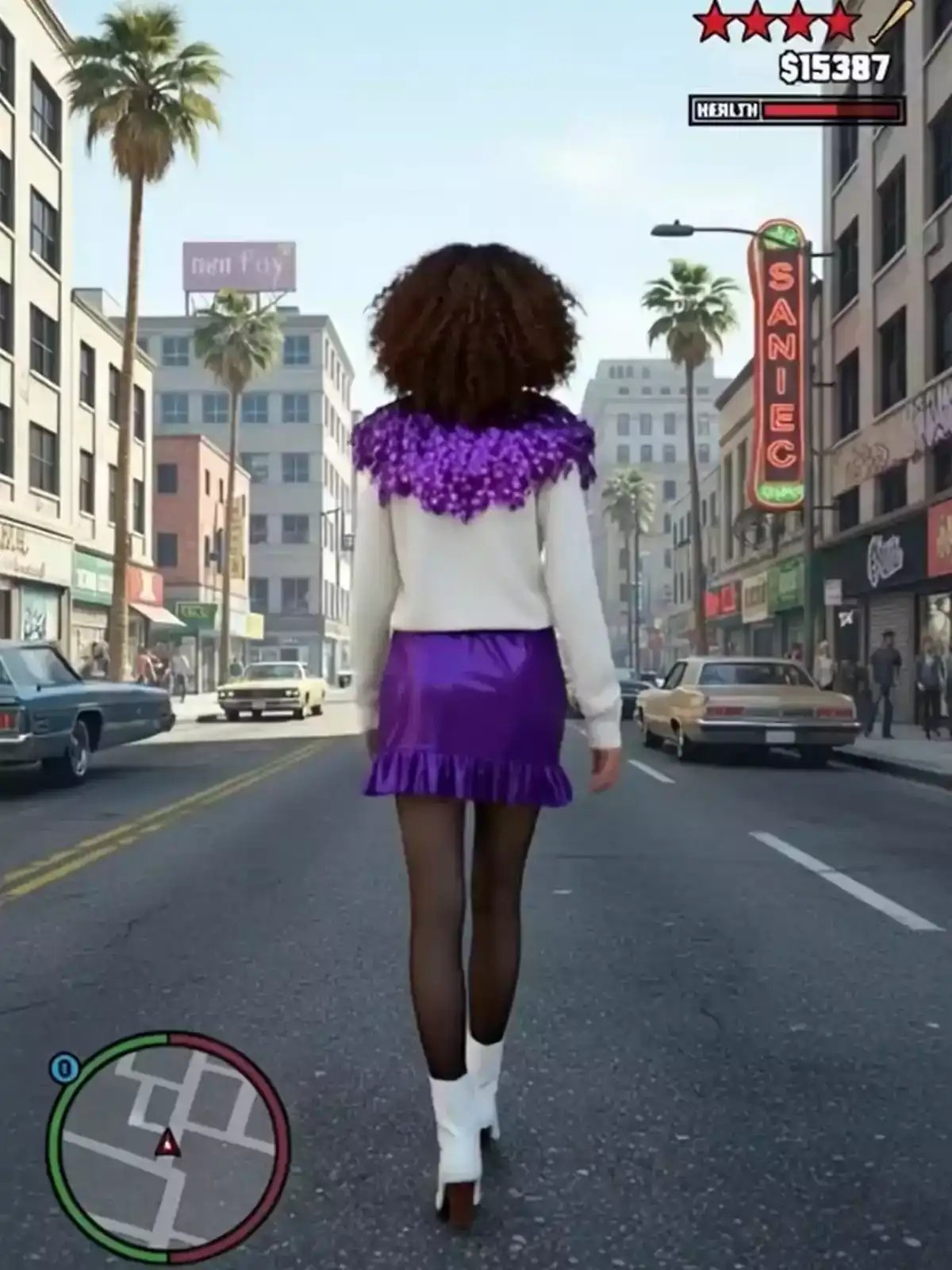 A cinematic AI video shows a woman in a purple and white outfit running on a city street, then forcefully pushing a man into a blue car, demonstrating dynamic action suitable for AI video editing and AI product video maker applications.