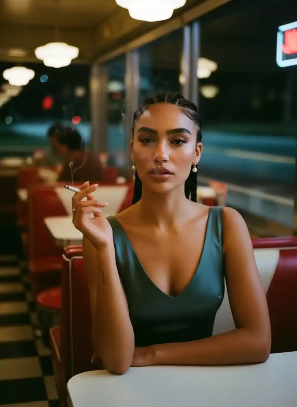 A woman in a green sleeveless top sits in a diner booth at night, raising a cigarette to her lips as smoke rises, demonstrating hyperrealistic photo quality suitable for ai video generator and ai image generator applications.