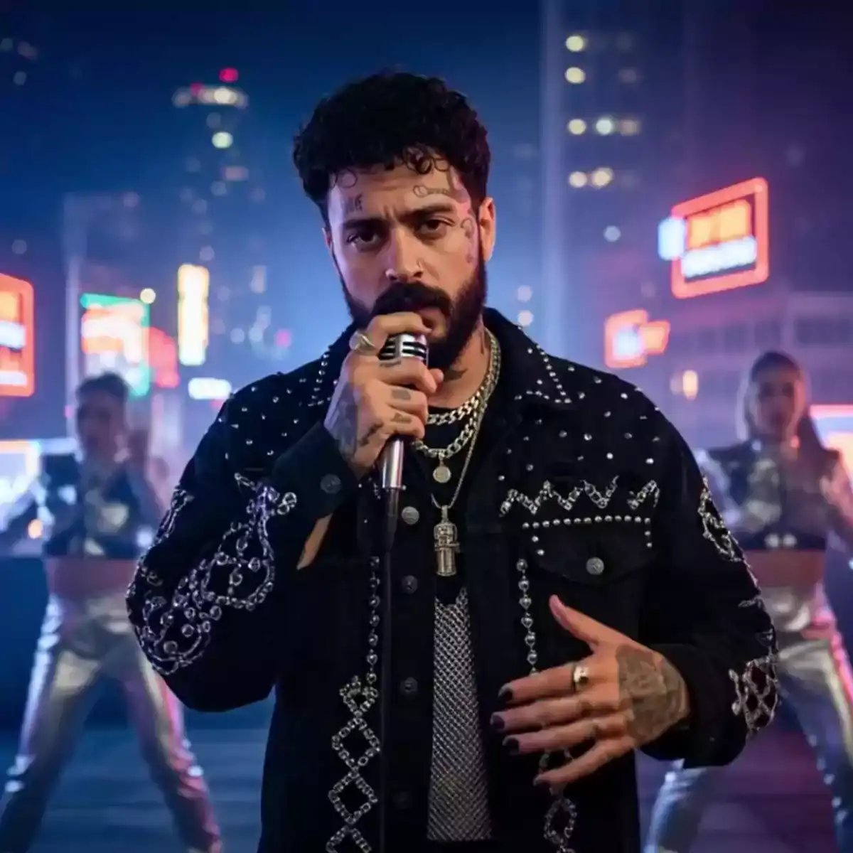 A man with tattoos and jewelry performs on stage with a microphone in front of backing dancers in silver outfits against a city skyline, captured in a cinematic ai video maker style with ai avatar and fashion elements.