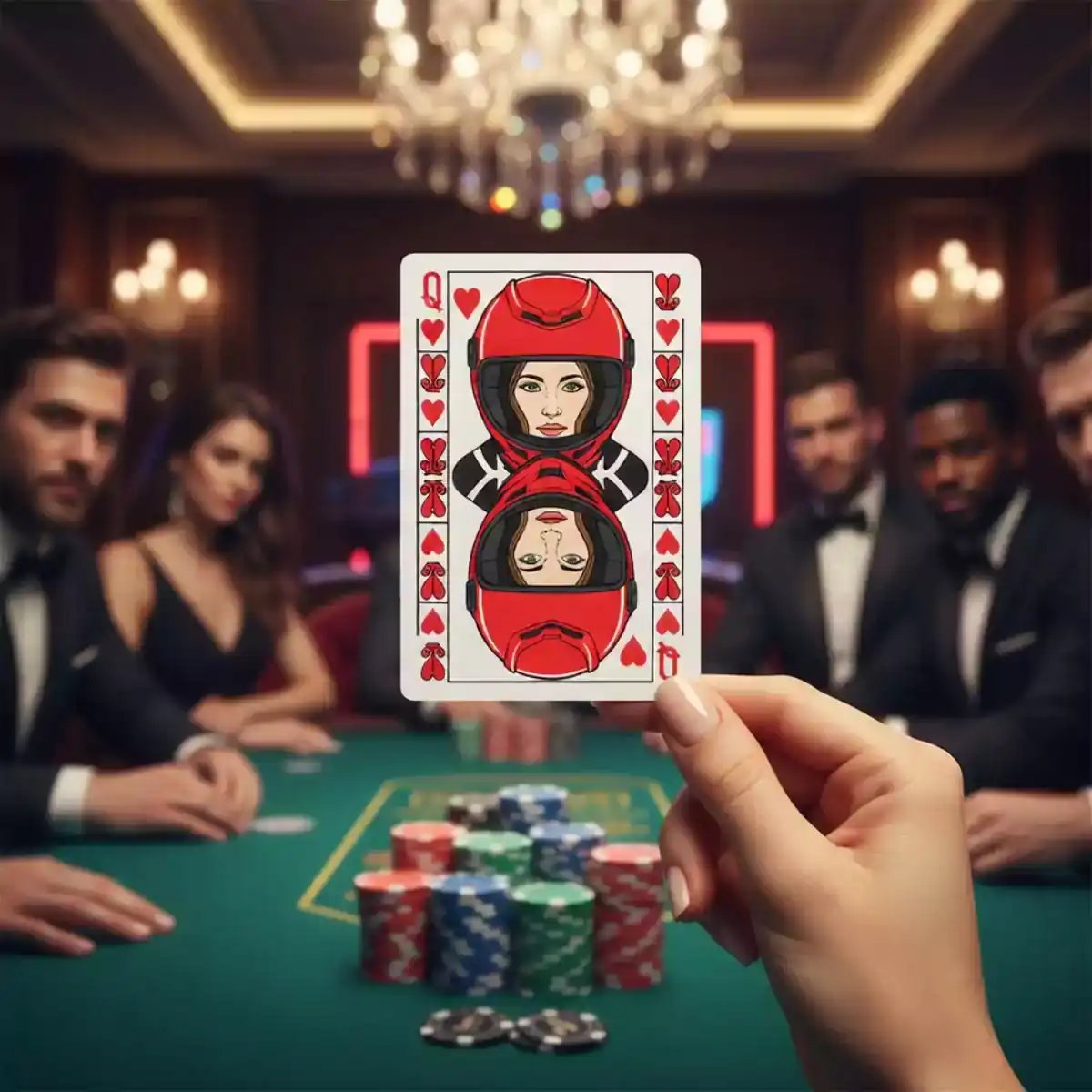 A cinematic AI video showing a group of well-dressed people playing poker around a green table with poker chips, featuring hyperrealistic photo style and AI video maker technology.