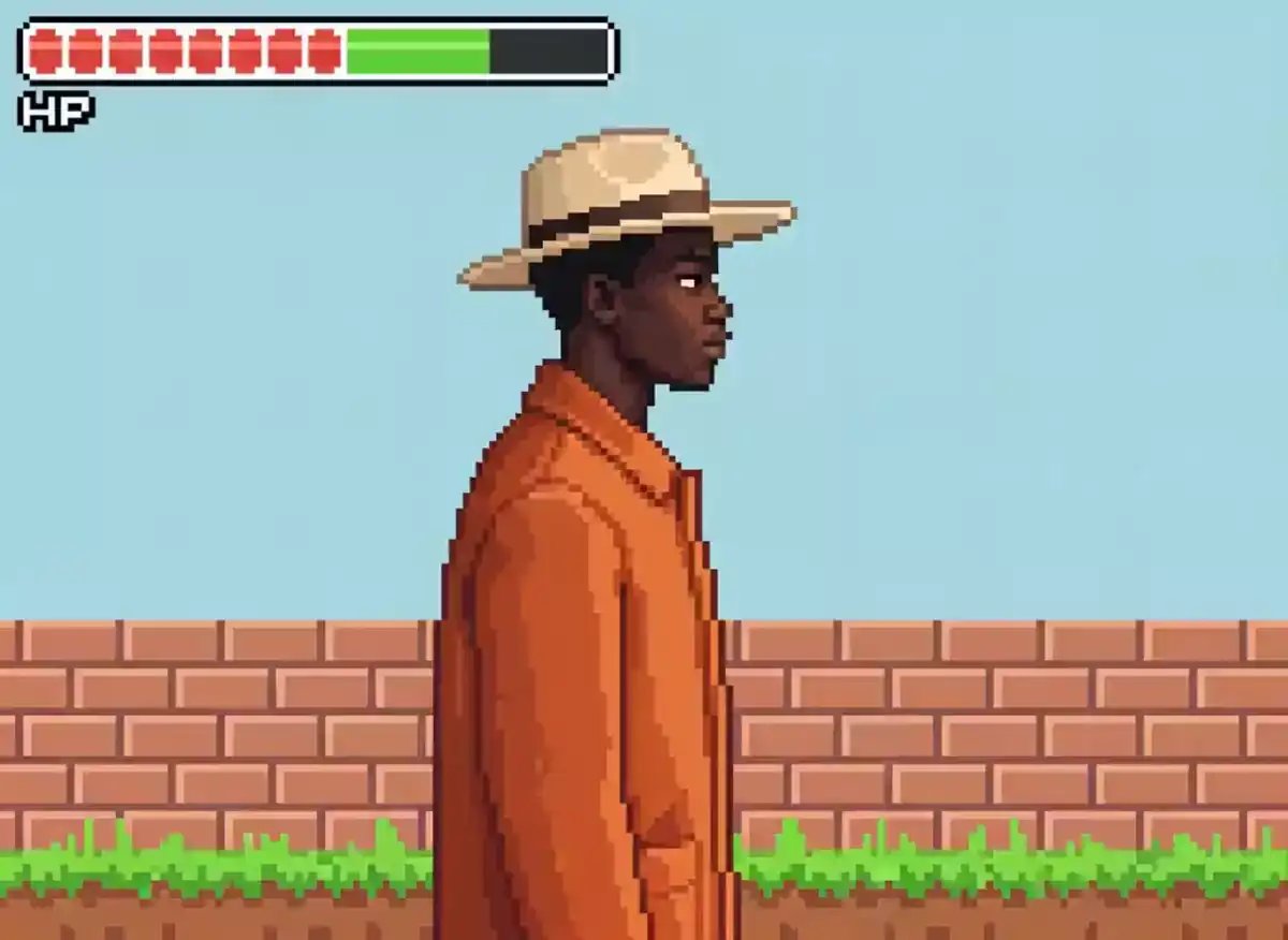 A pixel art style AI avatar wearing a hat and orange jacket performs a walking and jumping sequence across a blocky 2D platform with clouds and health bar displayed, resembling a cinematic AI video game scene.
