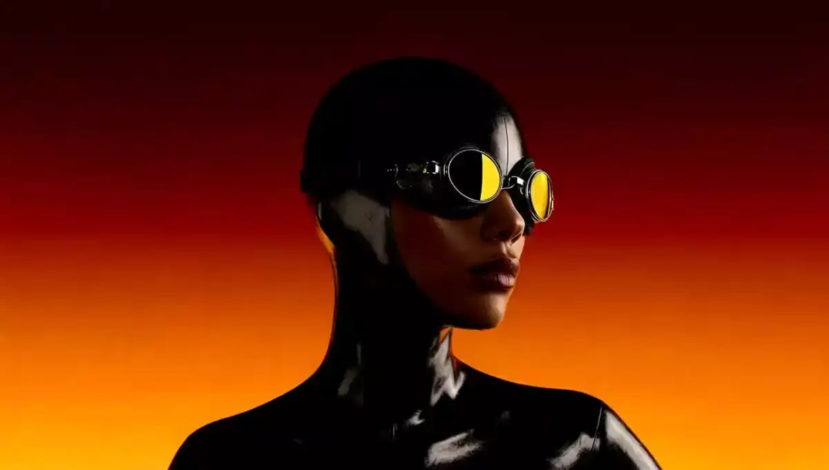 A hyperrealistic AI avatar wearing a shiny black suit and futuristic goggles slowly turns from facing forward to showing the back of the head against a vibrant orange gradient background, demonstrating cinematic AI video style and photorealistic AI art.