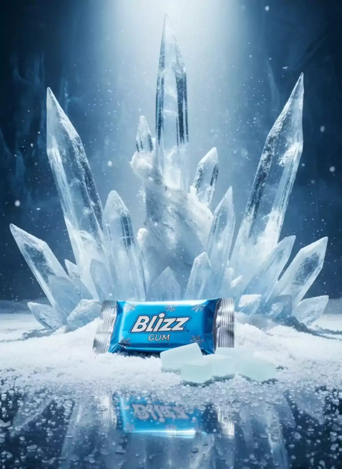 A hyperrealistic photo of a blue Blizz gum pack with gum pieces in front of large ice crystals, featuring a reflective icy surface with falling snow, showcasing photorealistic ai art and digital art creation techniques suitable for ai product video maker and ai ad maker.