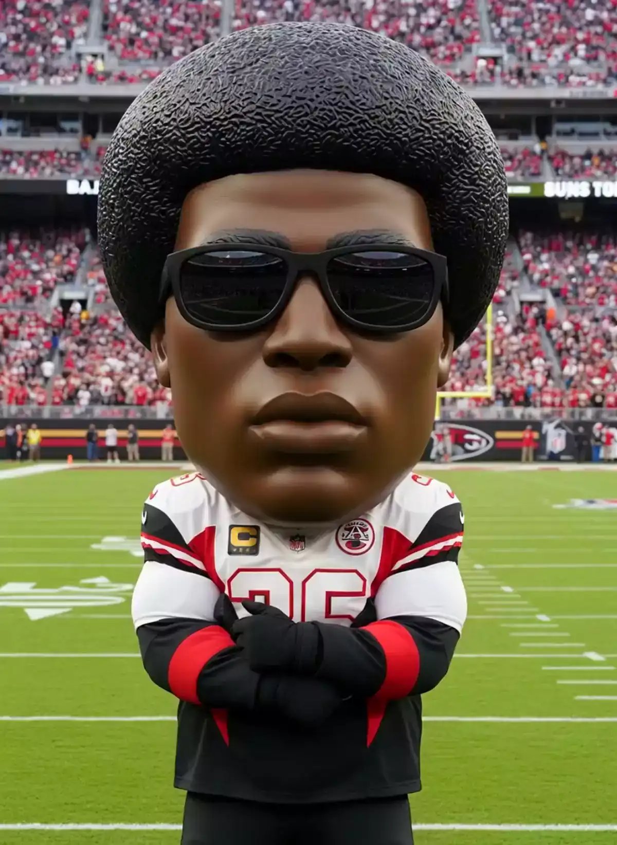 An ai avatar with a large afro and sunglasses wearing a number 25 football jersey performs energetic dance moves on a football field during a crowded stadium event, showcasing cinematic ai video and lip sync ai capabilities.